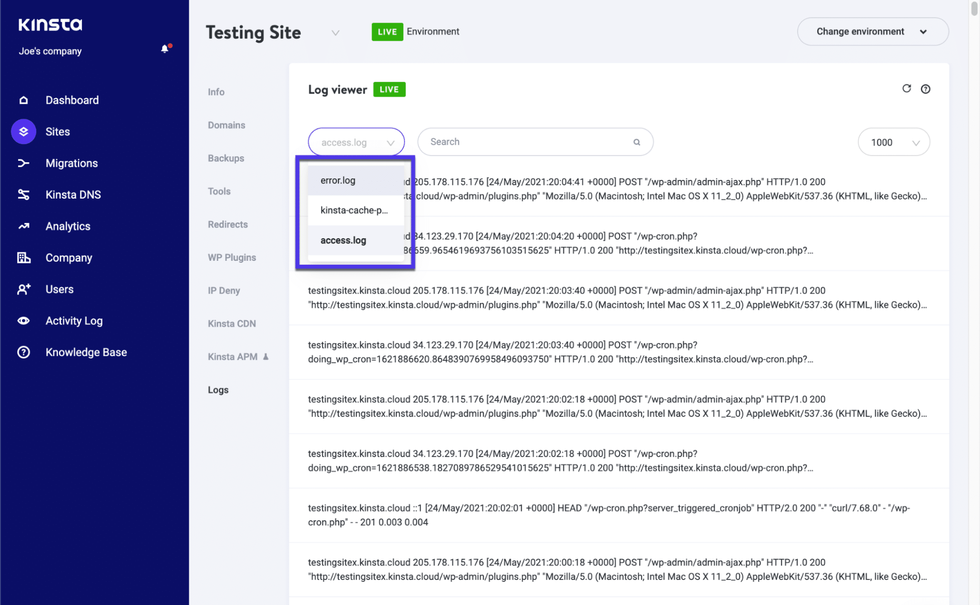 Om de drie belangrijke logbestanden te bekijken, klik je op het tabblad Sites, kies je de website en klik je op de knop Logs, en vervolgens kies je de gewenste logbestanden in het dropdownmenu.