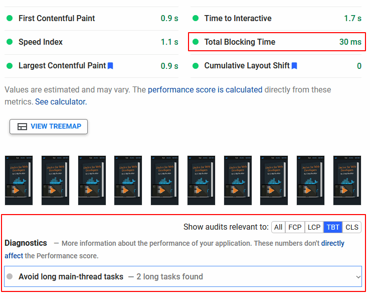 Tiempo total de bloqueo de PageSpeed Insights.