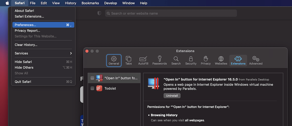 Safari zeigt die Option 