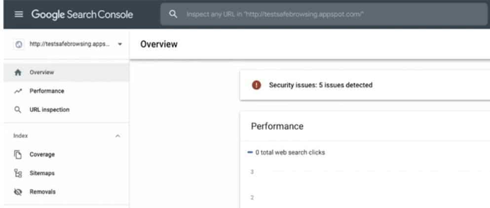 Console de Busca do Google mostrando 5 problemas de segurança detectados.