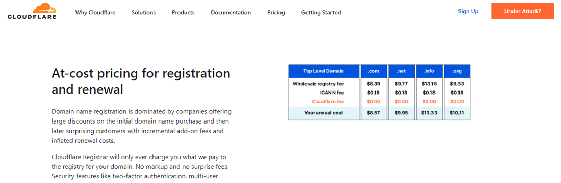 Die Homepage von Cloudflare Registrar.