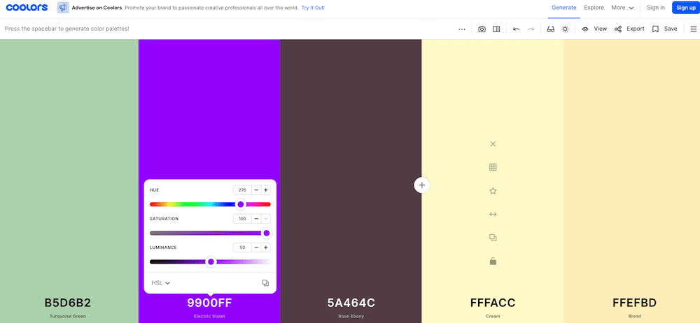 Schermata con i valori di colore HSL.