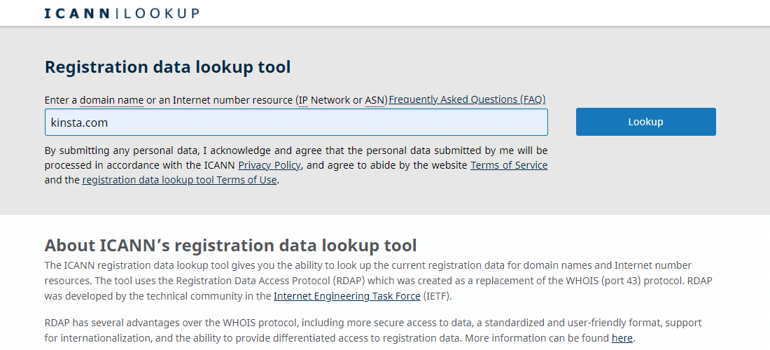Die ICANN Lookup-Webseite.