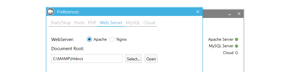 Uma captura de tela mostrando a comutação entre Apache e Nginx usando o painel 