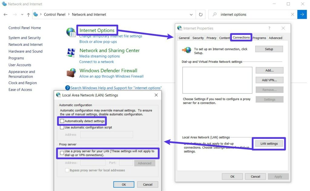 Windowsでプロキシサーバーを無効化