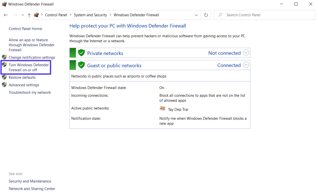 Windows Defender ファイアウォールを無効化