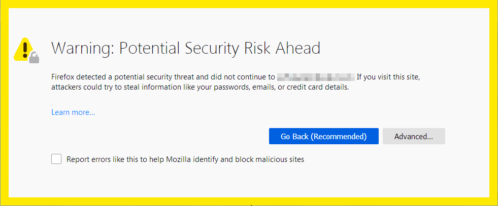 Firefox mensagem de aviso de risco de segurança com o texto 