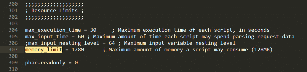 Uma captura de tela para aumentar o limite de memória PHP através da diretiva 
