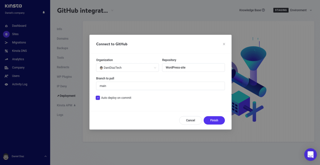 Verbinde Kinsta mit GitHub modal mit mehreren Optionen, darunter eine Schaltfläche 