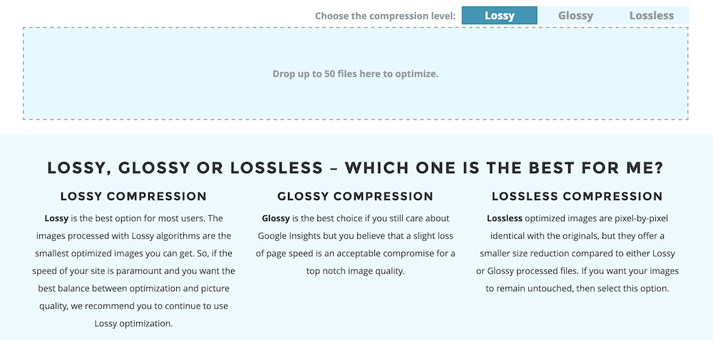 Las opciones de compresión dentro de ShortPixel.