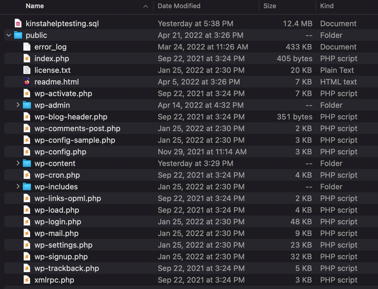 Ver los archivos de la copia de seguridad descargable de tu sitio WordPress.