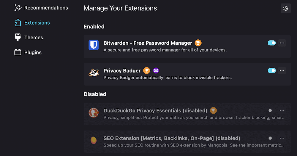 Firefoxの「拡張機能」ページ