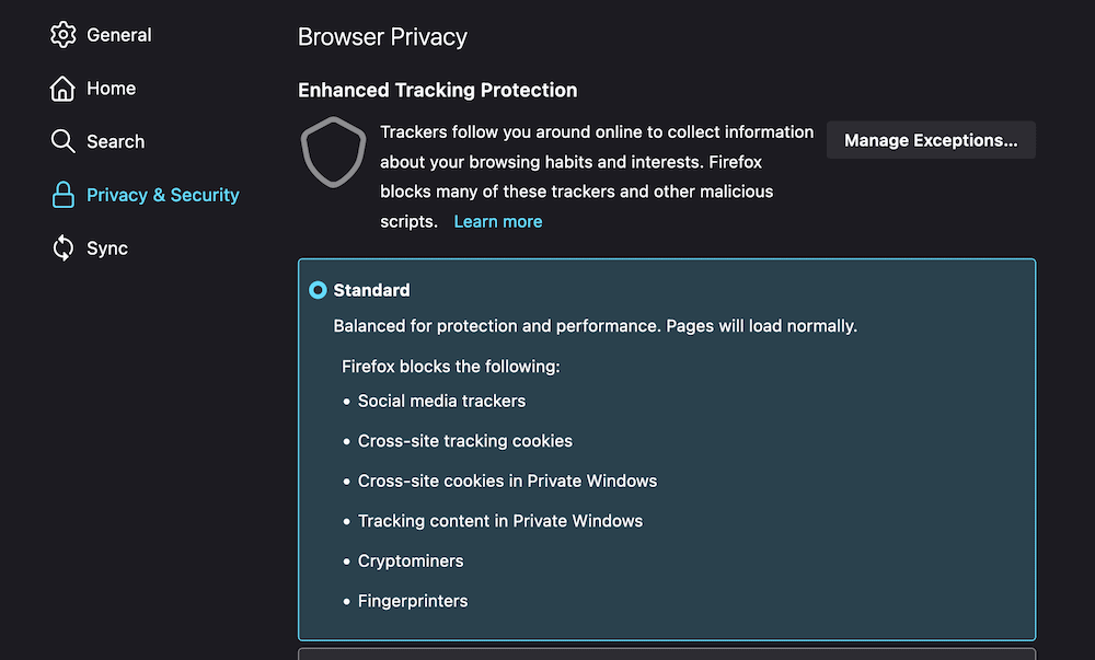 Firefoxの「プライバシーとセキュリティ」パネル