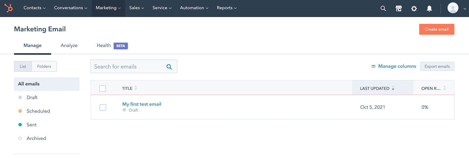 Navega a Marketing y luego a Email en HubSpot
