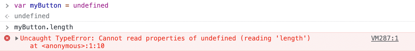 Exemple de TypeError avec un objet non défini sur les versions plus récentes de Chrome.