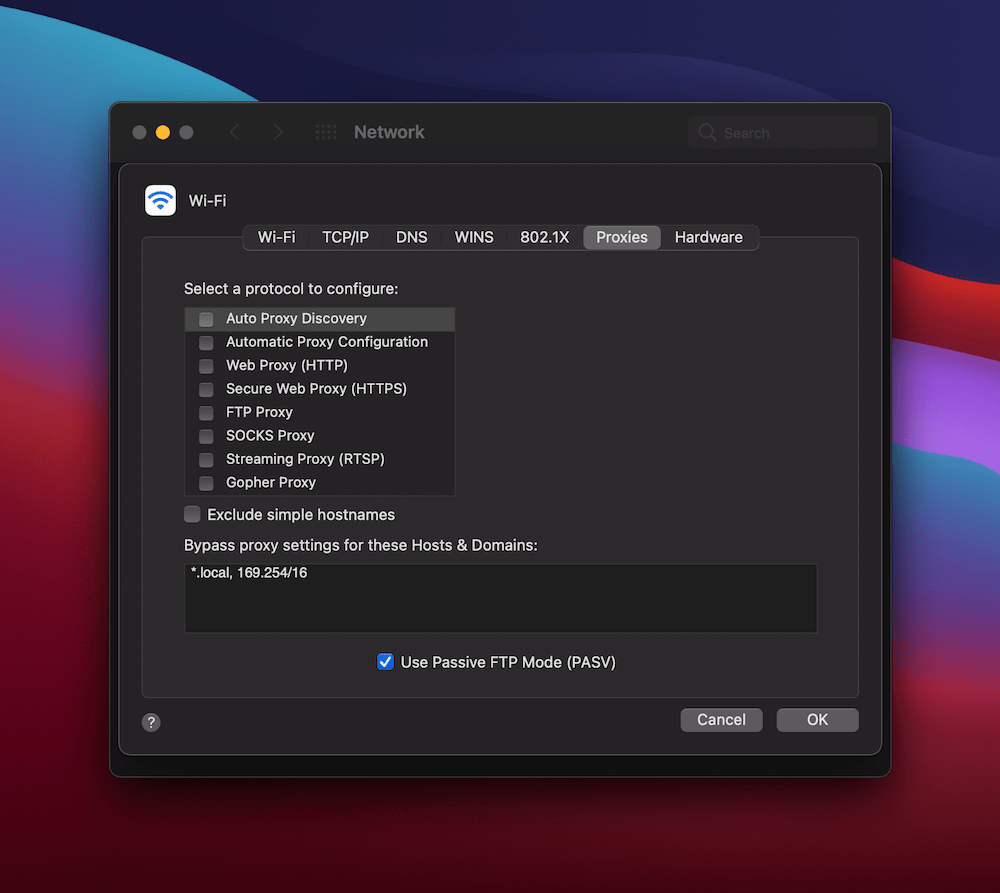 Macの「プロキシ」タブ