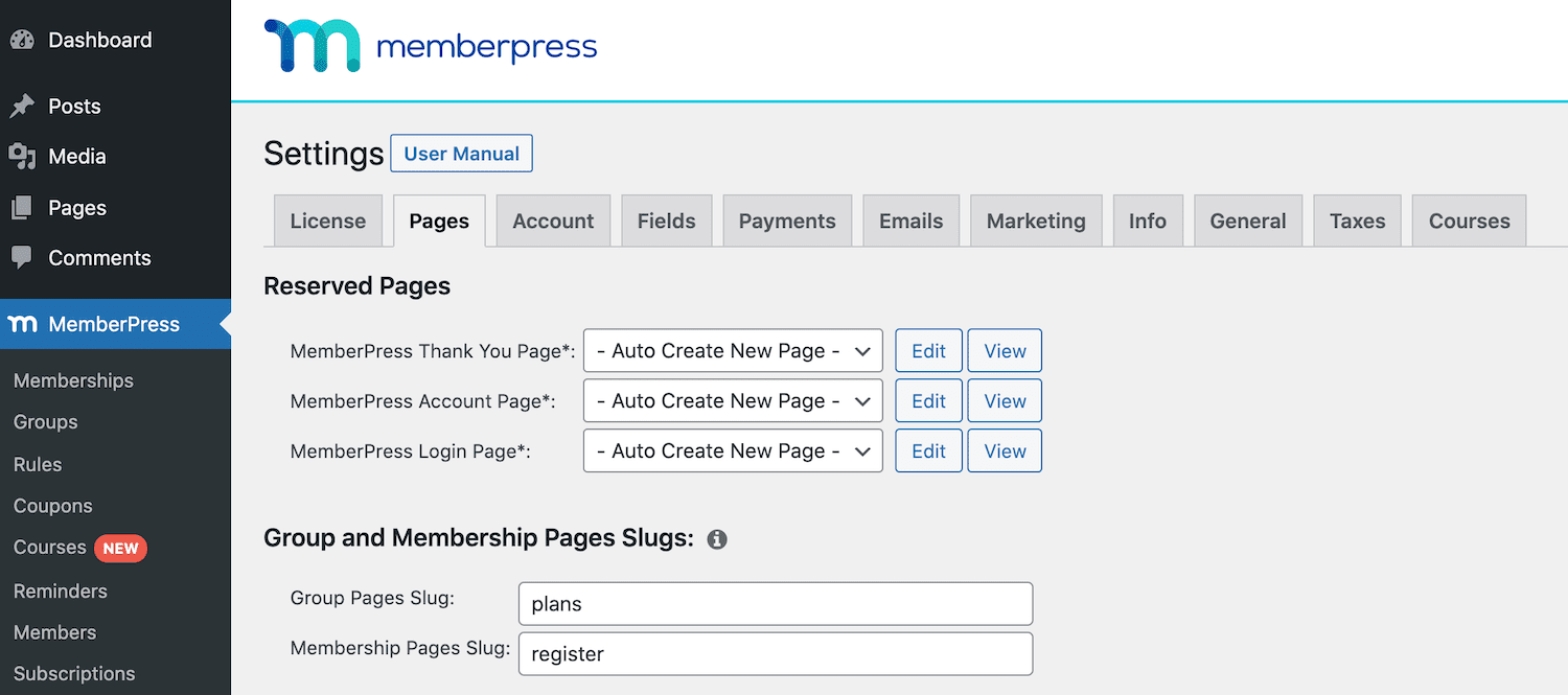 Schermata delle impostazioni di pagina di MemberPress