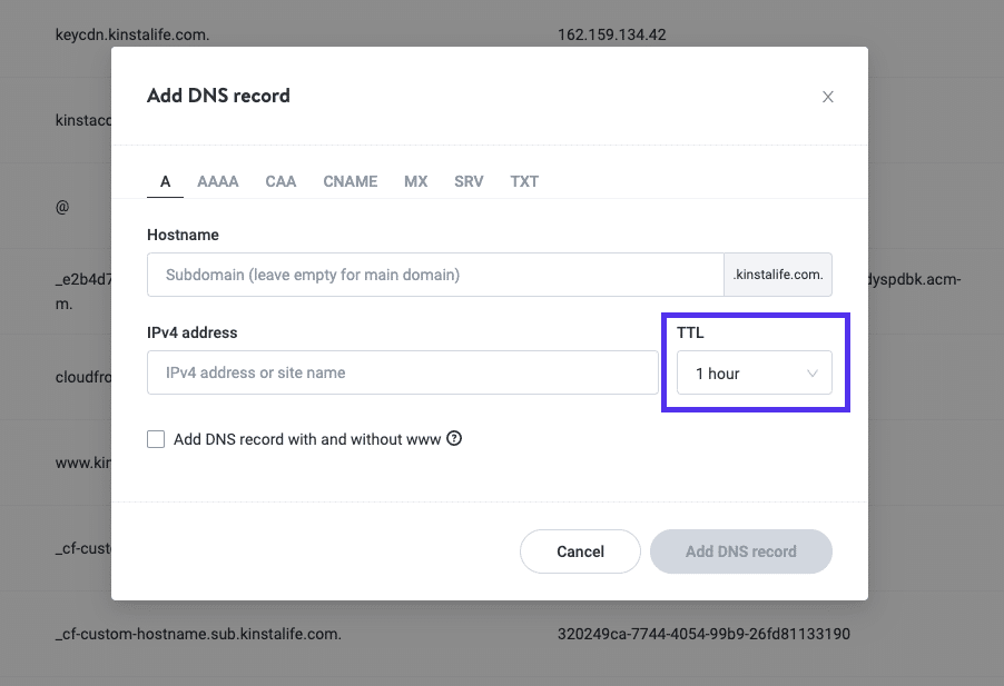 Add a DNS record > TTL in MyKinsta