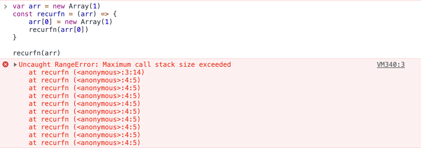 Exemple de RangeError avec un appel de fonction récursive.