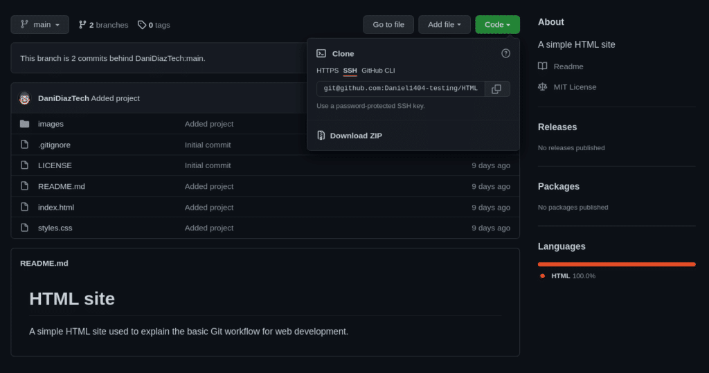 SSH repo URL under the 