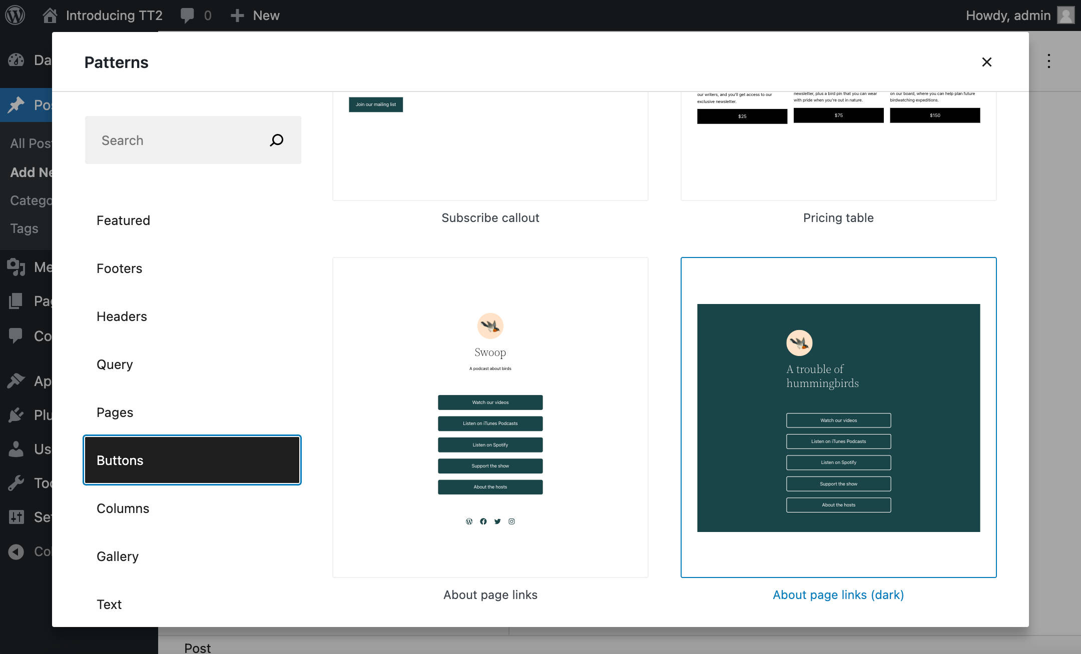 Buttons blockieren Muster in WordPress 5.9.