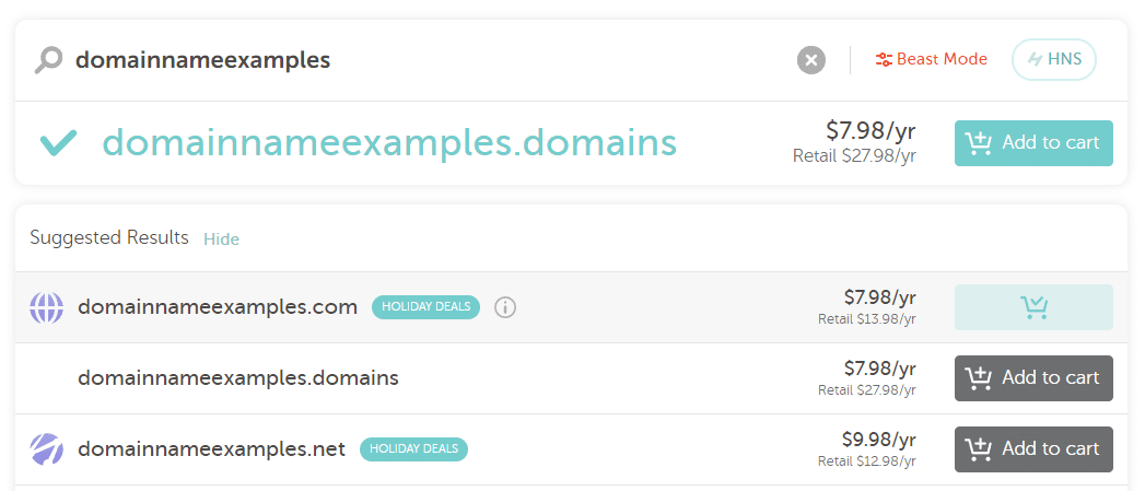 Options de prix pour .com et .net
