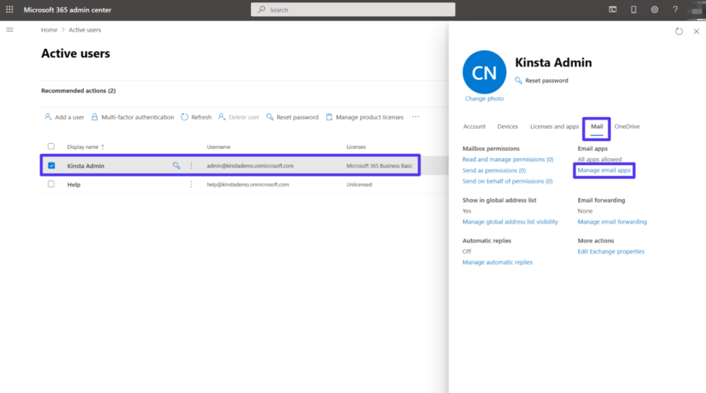 Microsoft 365の管理センターでSMTP設定を開く