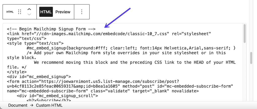 Füge den zuvor kopierten Mailchimp-Code in den 