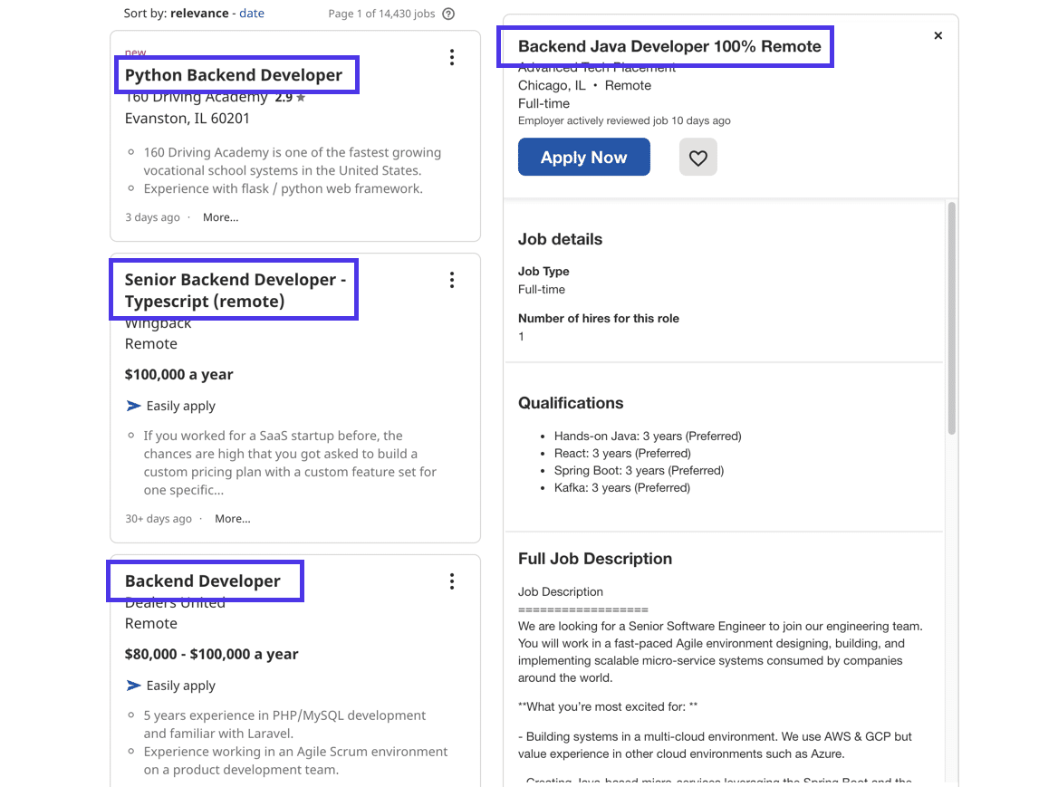 Voorbeelden van functietitels voor backend ontwikkeling.
