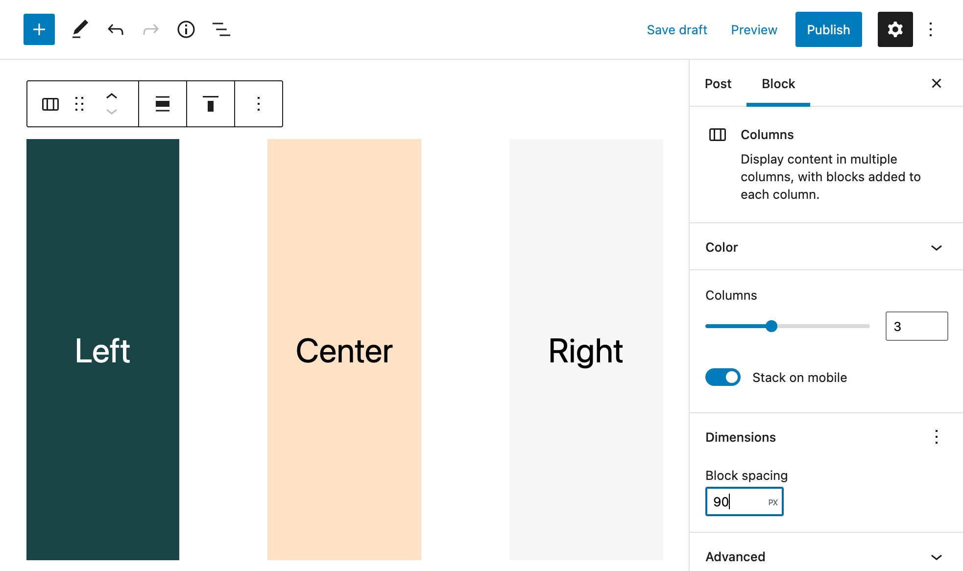 Steuerung von Columns Block Spacing in WordPress 5.9.