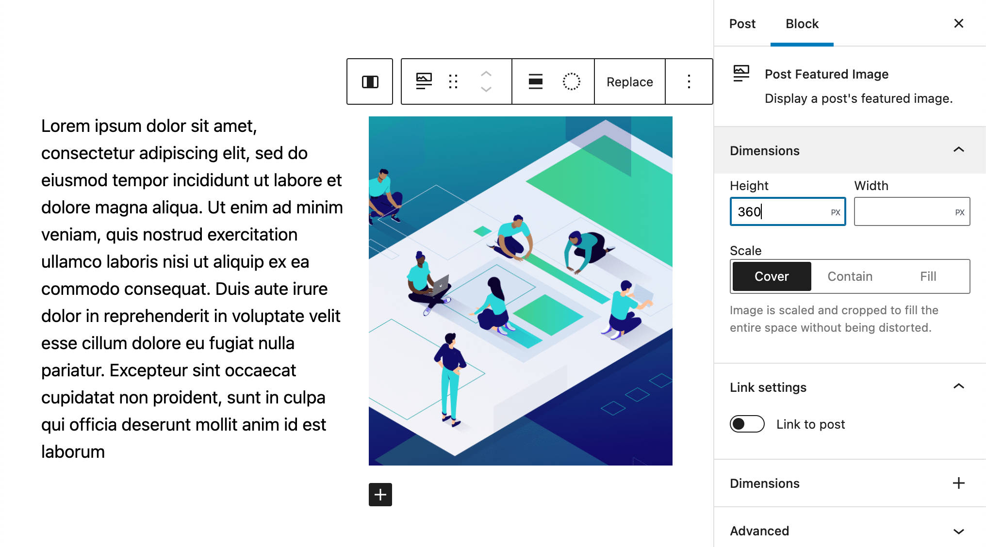 Das Feld für die Abmessungen des Featured Image.