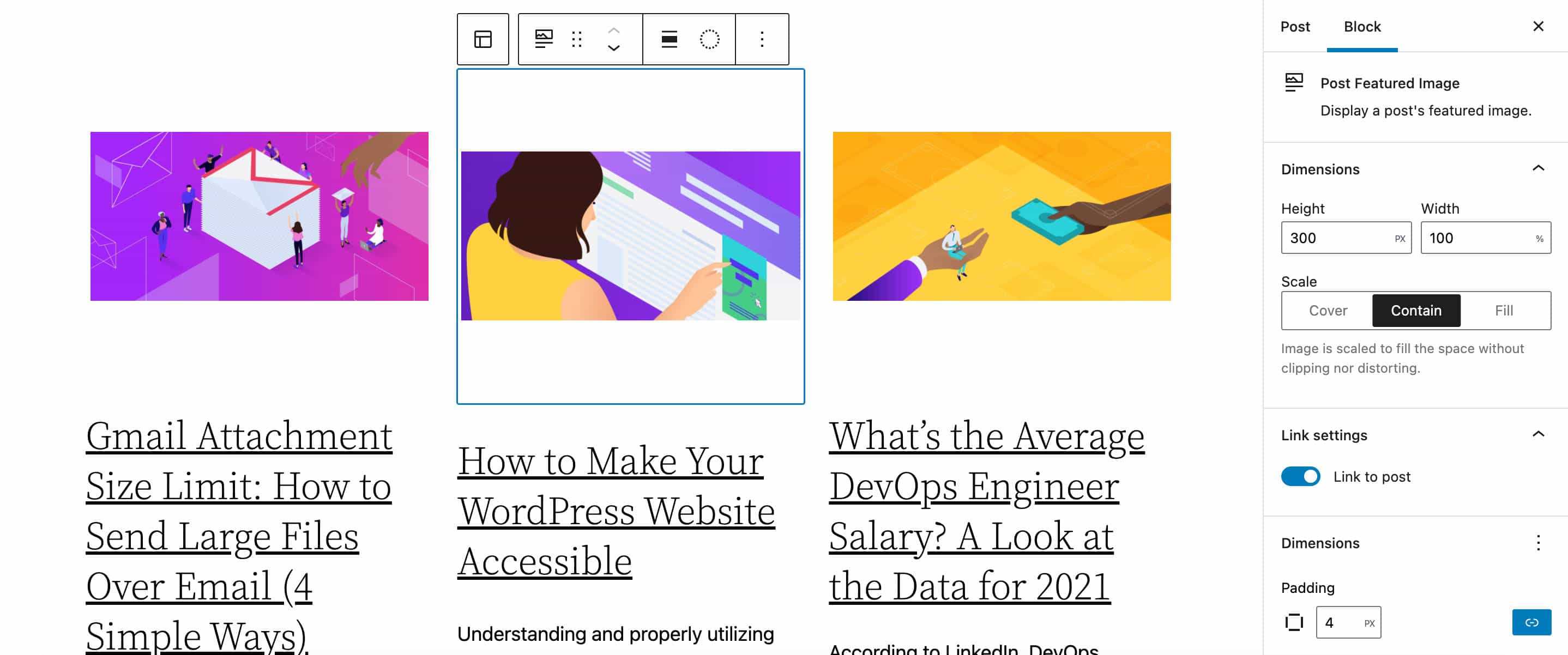 Steuerelemente für die Abmessungen des Featured Image in einem Query Loop-Block.