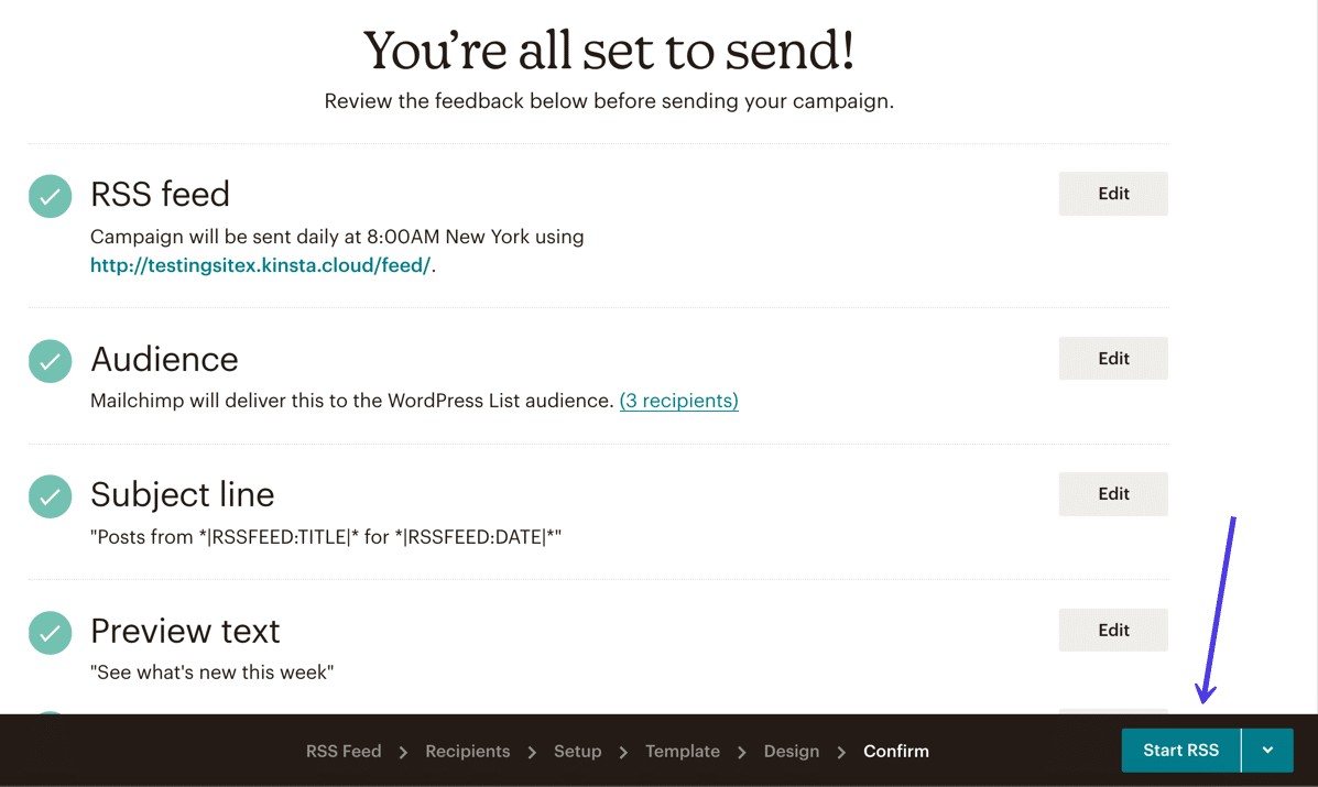 Überprüfe, ob bei Mailchimp alles in Ordnung ist, und klicke dann auf die Schaltfläche 