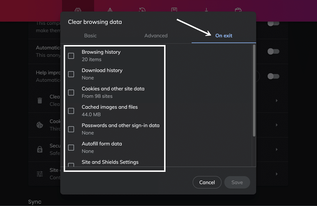 Erwäge, den Cache von Brave im Abschnitt 