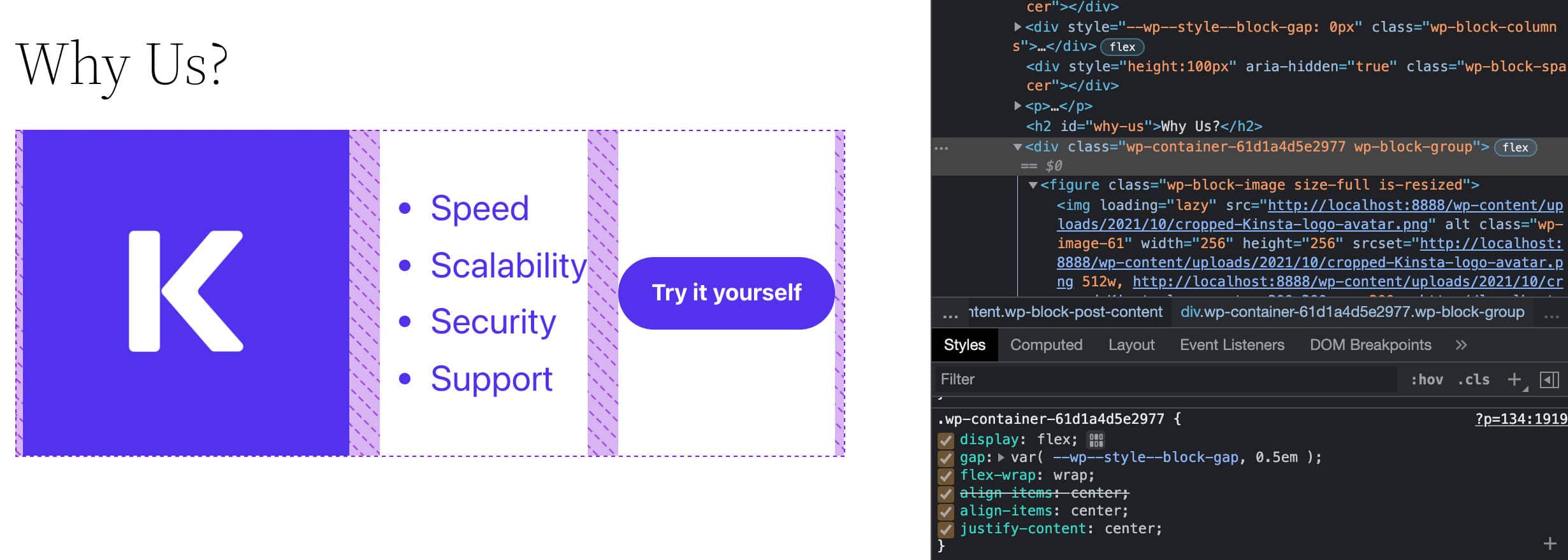 Ein Zeilenblock im Inspektor-Tool von Chrome.