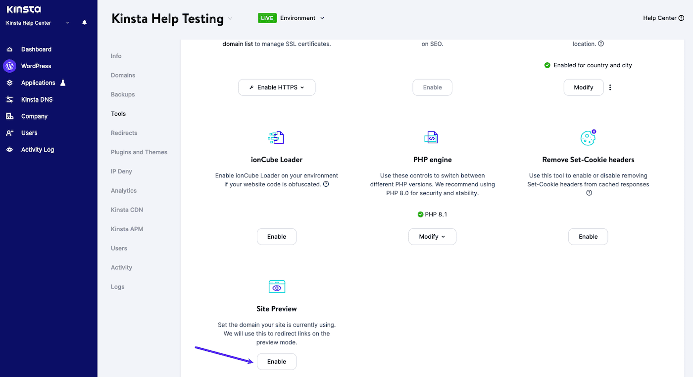 Enable Site Preview in MyKinsta. サイトプレビュー機能を利用