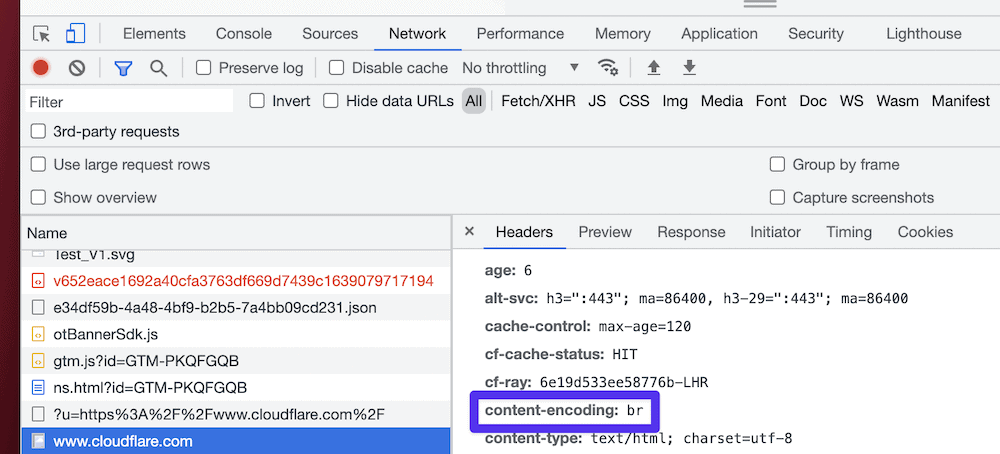 Brave's devtools, waaruit blijkt dat Brotli compressie is ingeschakeld voor de site.