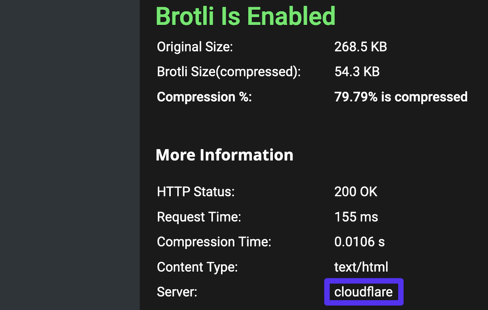 De resultatenpagina van Gift Of Speed voor een Cloudflare activa.