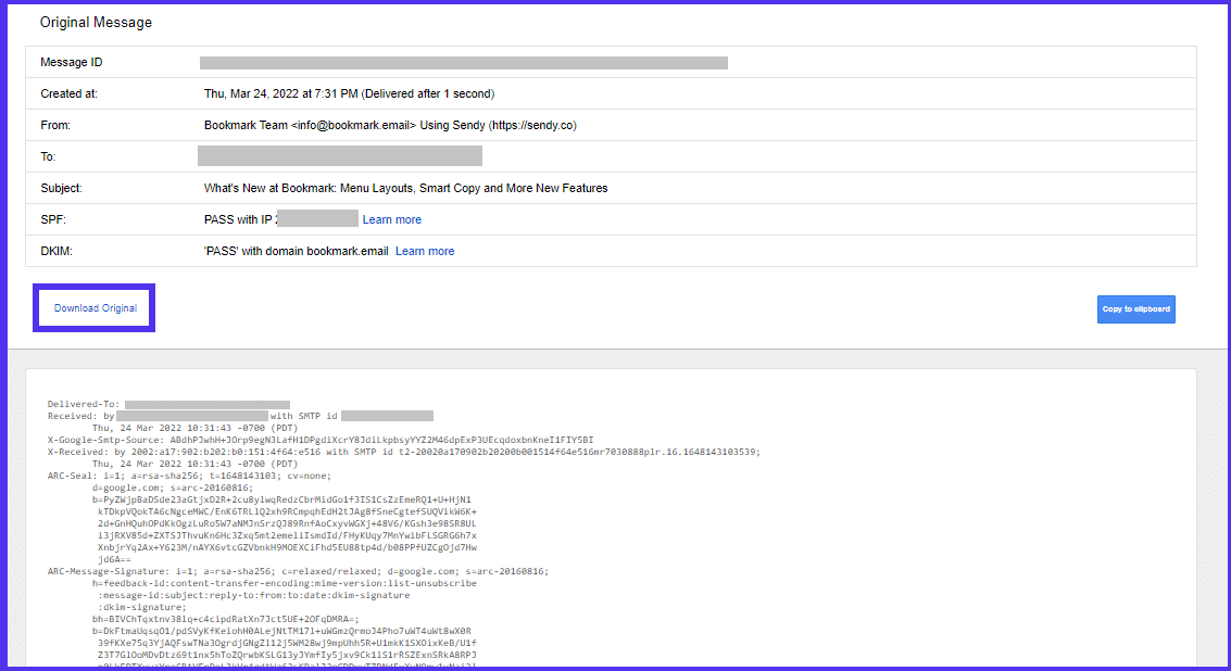 L'option Télécharger l'original pour les en-têtes d'e-mail Gmail