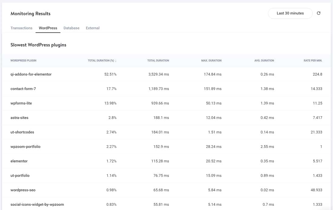 Kinsta APMの「WordPress」タブ