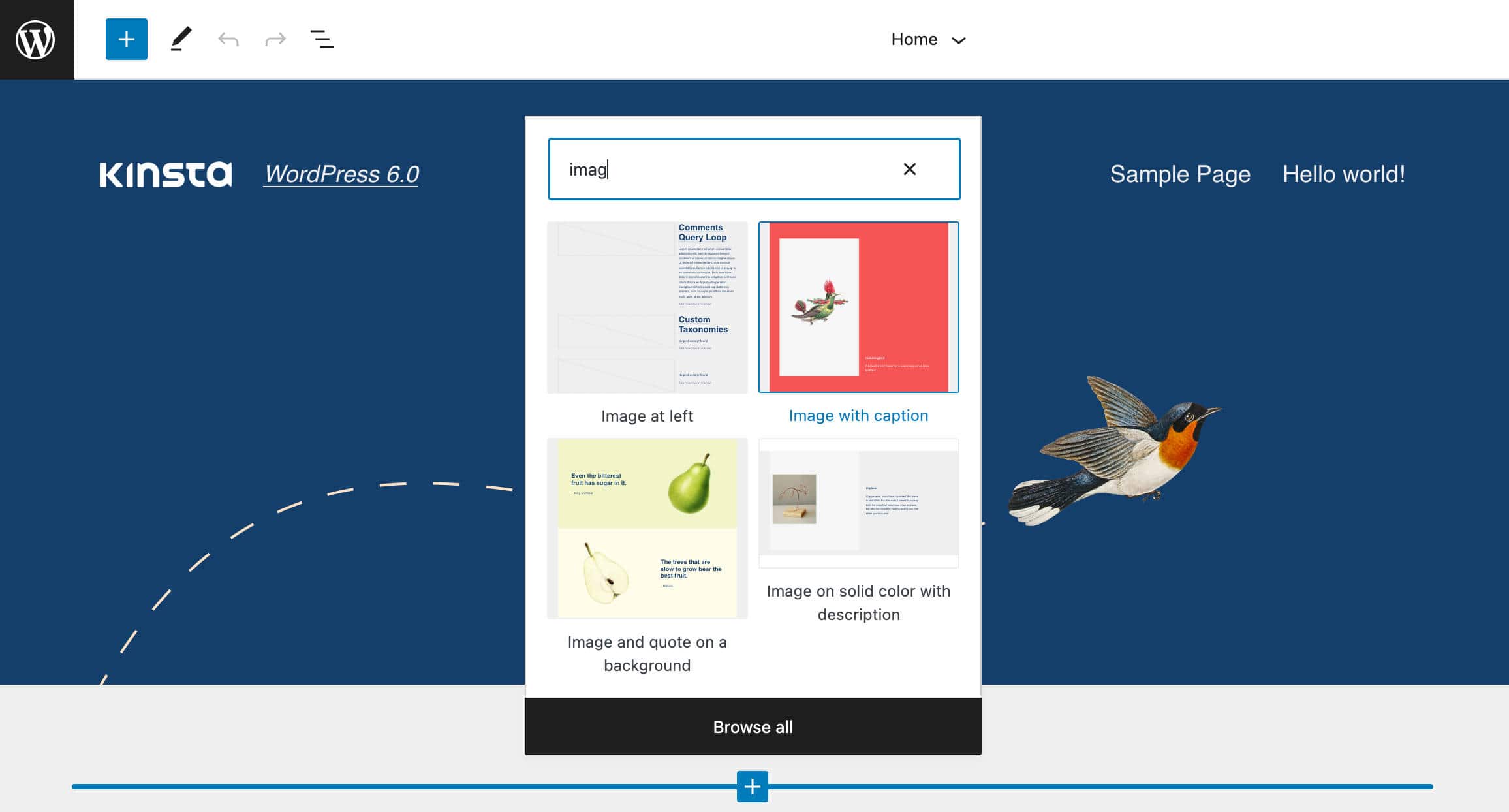 De quick inserter toont alleen blokpatronen in de template editor.