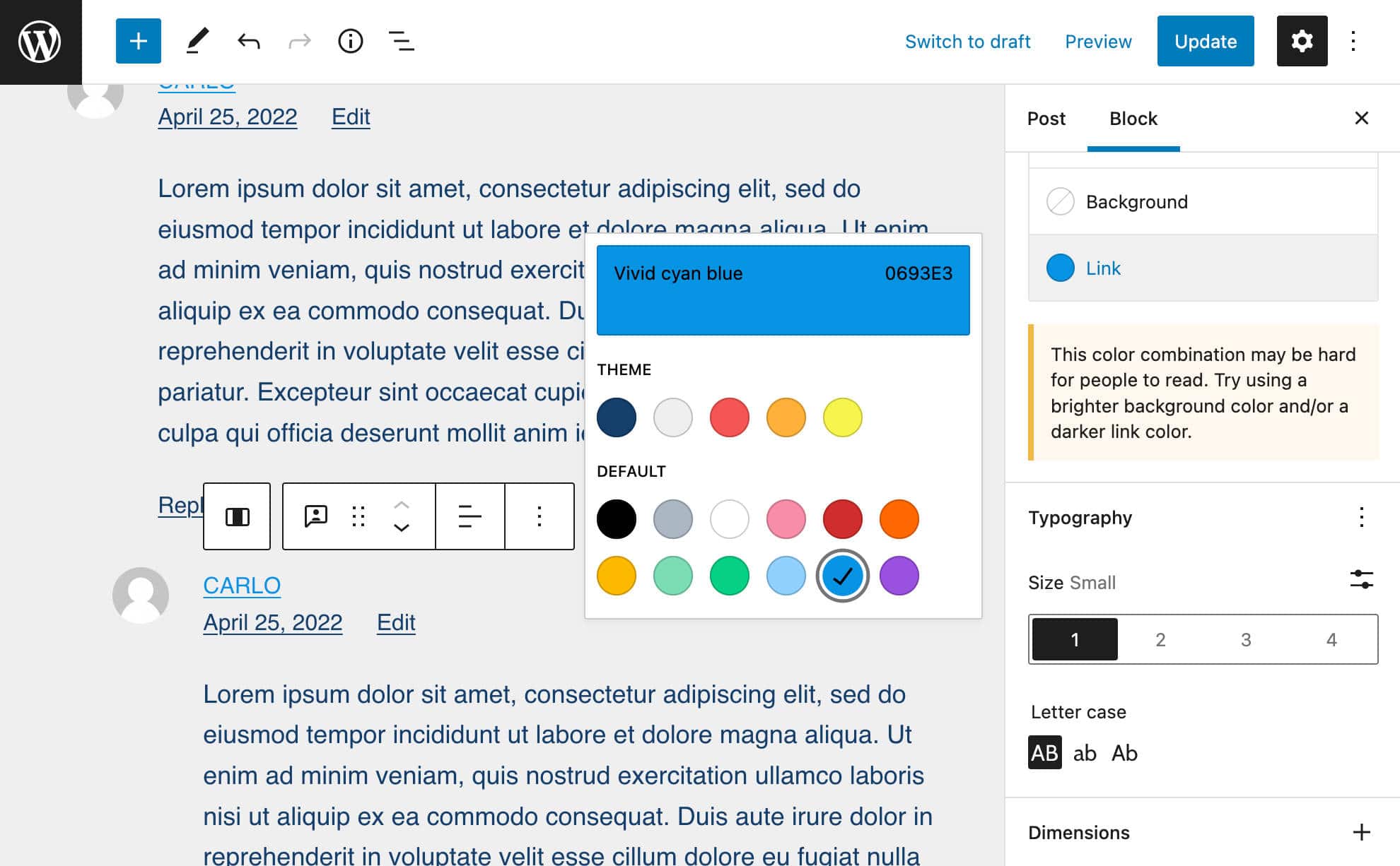 Het Comments Query Loop blok configureren.
