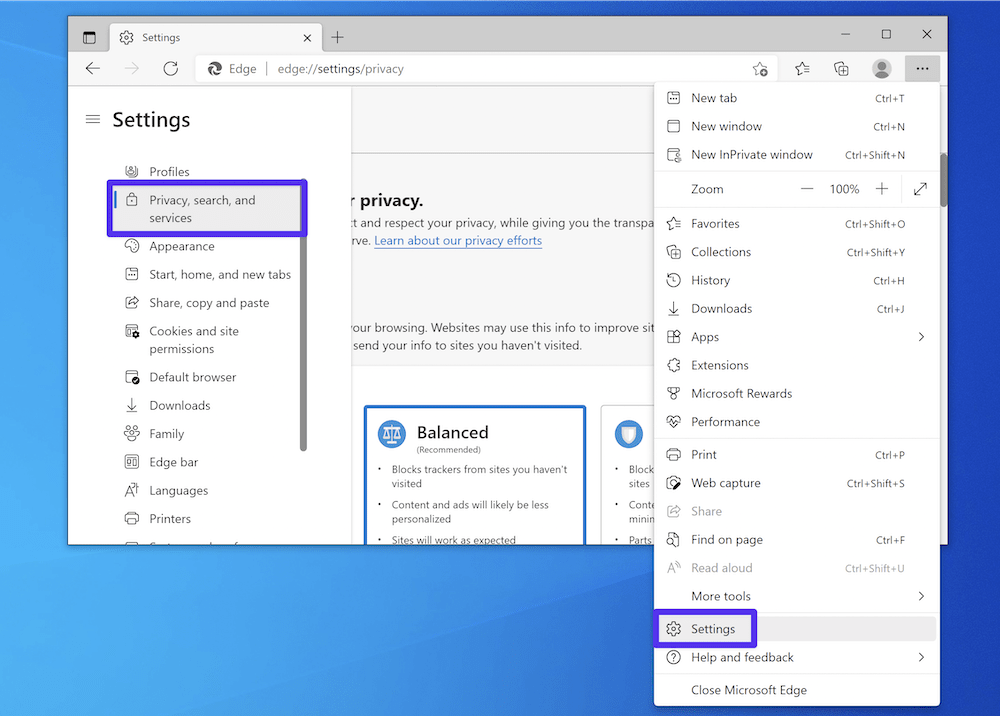 El navegador Edge muestra el enlace del menú 
