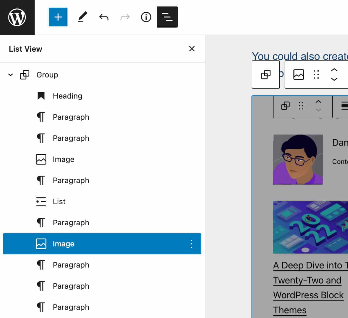 Uitgevouwen Group blok in List View bij blokselectie.