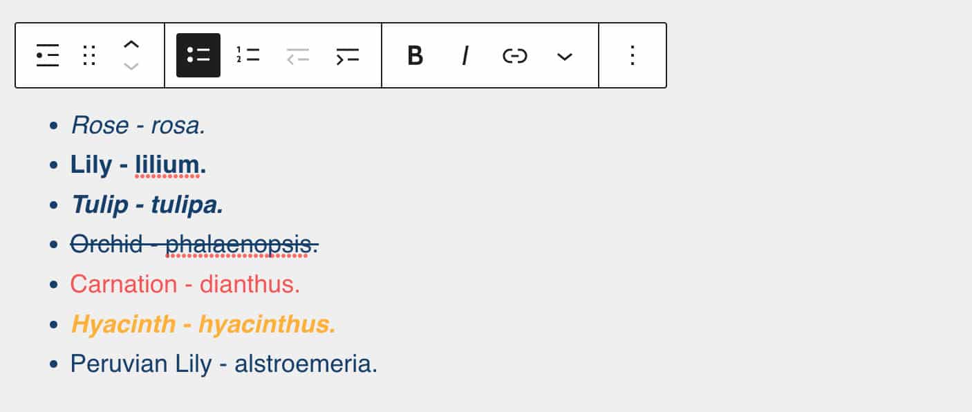 Een List blok waarop verschillende stijlen zijn toegepast.