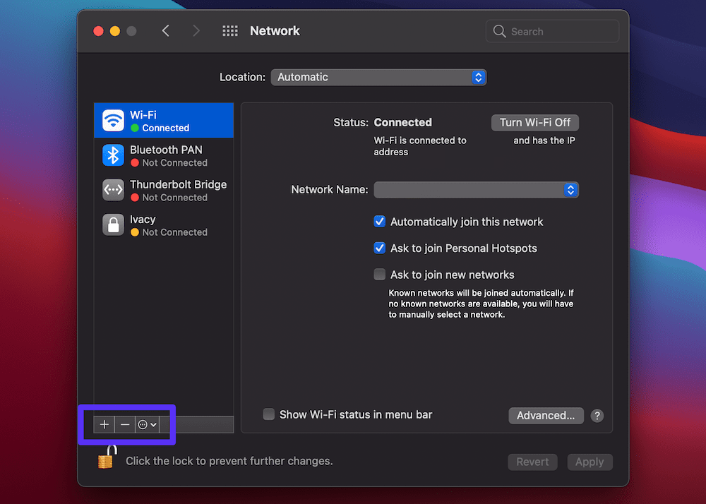 La pantalla de red de macOS, con una red resaltada y un cuadro púrpura alrededor de los iconos 