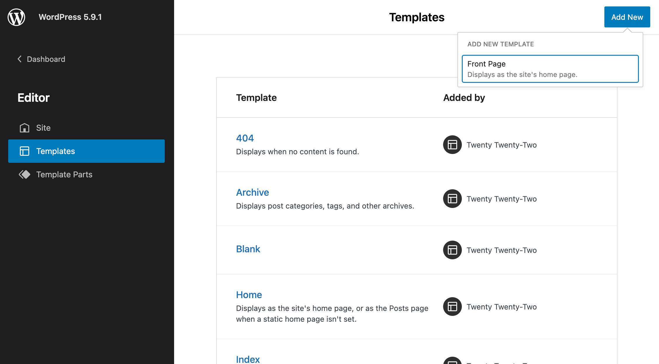 Een nieuwe template toevoegen in WordPress 5.9.