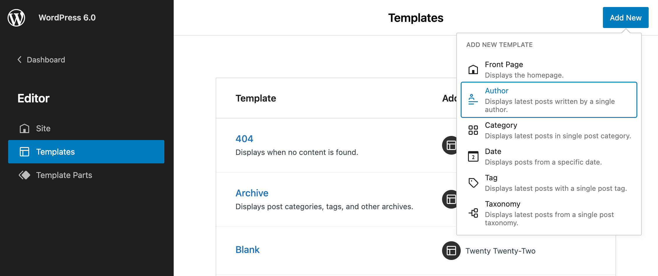 Een nieuwe template toevoegen in WordPress 6.0.