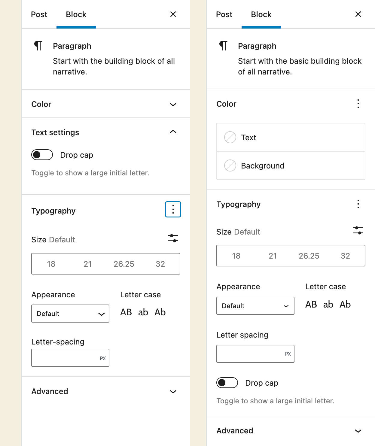 Typografie-instellingen in WordPress 5.9 versus WordPress 6.0.