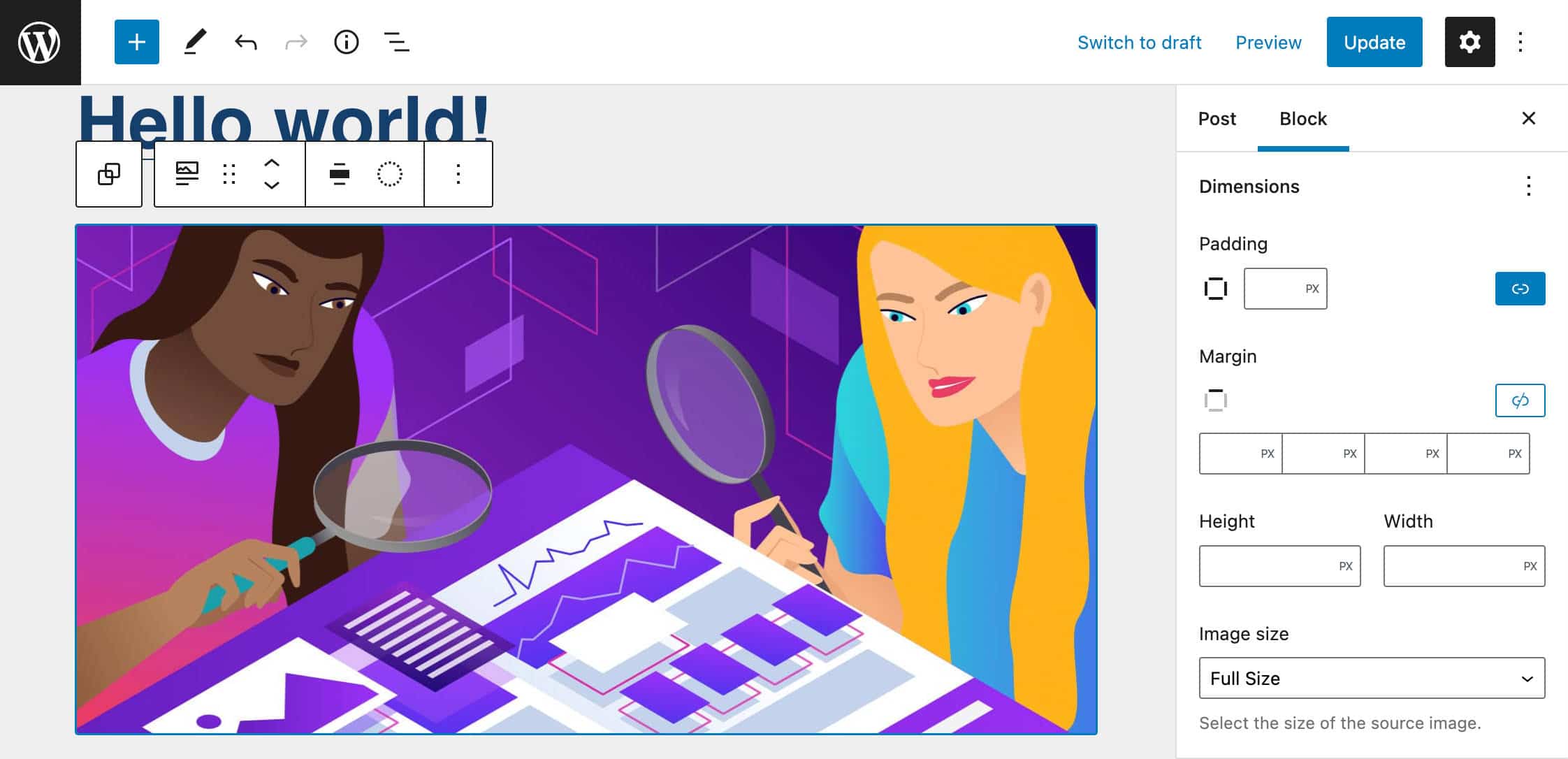 De afmetingen van Featured Image in een Query Loop blok beheren.